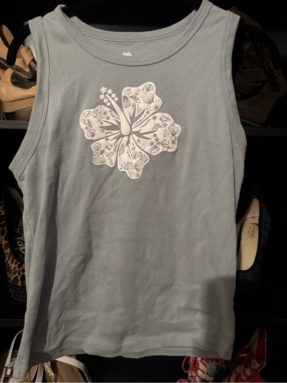 Women's Light Blue Tank Top with White Hibiscus Graphic